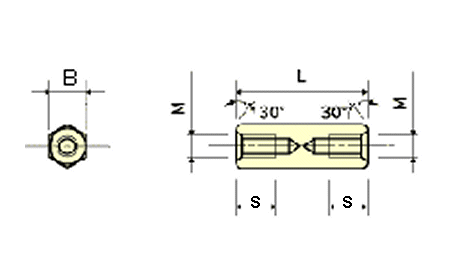 黄銅(鉛レス)六角スペーサー 両メスねじ ASE-N(ネジ径x長さ) 製品図面