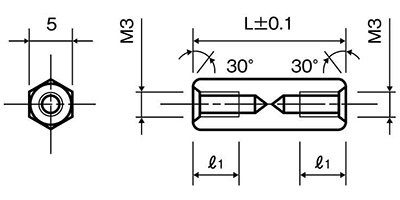 鉄(ROHS2対応) 六角スペーサー 両メスねじ ASF-5E(ネジ径x長さ)(平径5mm) 製品図面