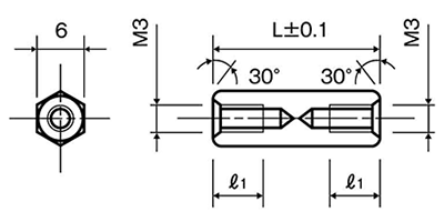 鉄(ROHS2対応) 六角スペーサー 両メスねじ ASF-6E(ネジ径x長さ)(平径6mm) 製品図面