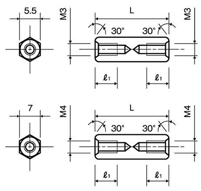 アルミ(鉛レス) 六角スペーサー両メスねじ・酸洗処理 ASL-E 製品図面