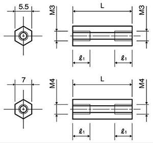 ナイロン66(半透明) 六角スペーサー(両メスねじ) ASN 製品図面