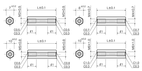 セラミックス(アルミナ96) 六角スペーサー両メスねじ (ASR) 製品図面