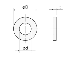 黄銅 丸形平座金 (ニッケルメッキ・その他フルサイズ)(BBW-0000-00)(カドミレス)(内径x外径x厚) 製品図面