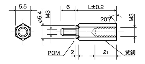 黄銅(カドミレス) 六角スペーサー (オス+メスねじ) BDB-RE (絶縁型 POM) 製品図面