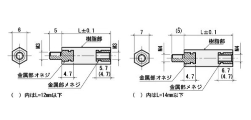 PPS(樹脂製)(本体黒色)六角スペーサー オス・メスねじ BMP-E(ネジ径x長さ) 製品図面