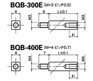 黄銅(カドミレス) 四角スペーサー (オス+メスねじ) BQB-E (Ni) 製品図面