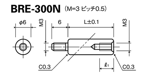 黄銅(鉛レス) エコ丸型スペーサー(オス+メスねじ) BRE-N (Ni) 製品図面