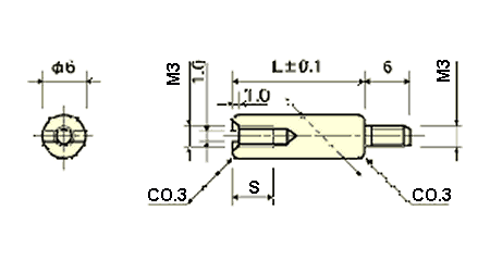 黄銅(鉛レス) 丸型スペーサー オス・メスねじ BRE-SN(すり割入)(ネジ径x長さ) 製品図面