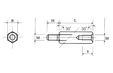 鉄(ROHS2対応) 六角スペーサー(オス+メスねじ)BSF-E 製品図面
