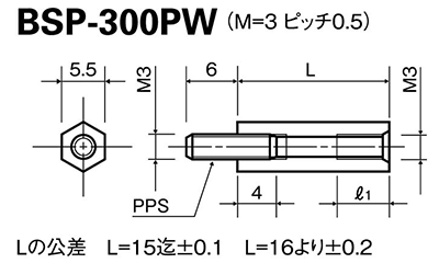 オールPPS 六角スペーサー(オス+メスねじ)(ネジ込接着固定) BSP-PW(茶色) 製品図面