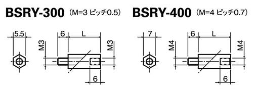 レニー(高強度ナイロン) 六角スペーサー(オス+メスねじ) BSRY (黒) 製品図面