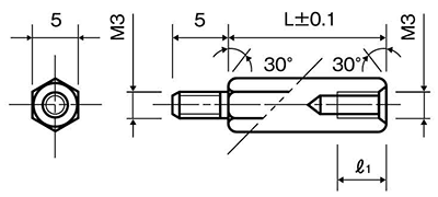 ステンレスSUS303 六角スペーサー (オス・メスねじ) BSU(平径5mm) 製品図面