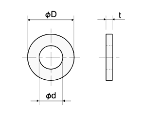 黄銅 丸形平座金 (ニッケルメッキ・その他フルサイズ)(BW-0000-00)(内径x外径x厚) 製品図面