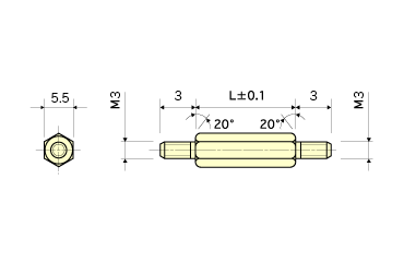 黄銅(C3604BD) 六角スペーサー(両オスねじ) / ESB-03E (RoHS2対応) 製品図面