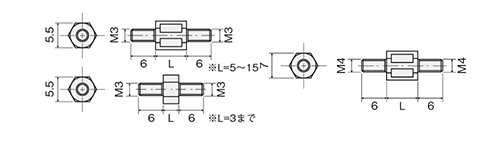 ナイロン66(半透明) 六角スペーサー 両オネジ(ESN) 製品図面