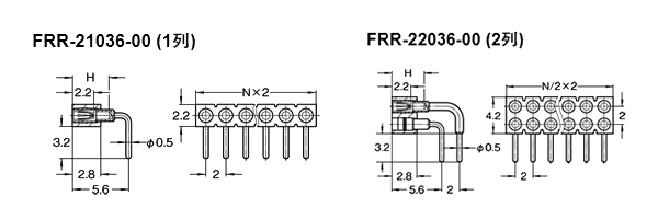 LCP ピンヘッダー FRR-20(T〇) ソケット(丸)2.00mmピッチ ライトアングル(1列/2列) 接続側φ0.47mmピン 製品図面