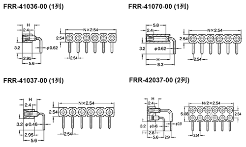 PCT ピンヘッダー FRR-40(T〇) ソケット(丸)2.54mmピッチ ライトアングル(1列/2列) 接続側φ0.47mm/φ0.7 製品図面