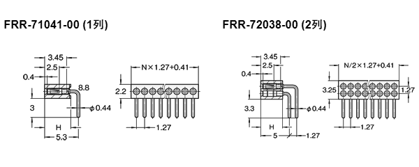 PCT ピンヘッダー FRR-70(T〇) ソケット(丸)1.27mmピッチ ライトアングル(1列/2列) 接続側φ0.41mmピン 製品図面