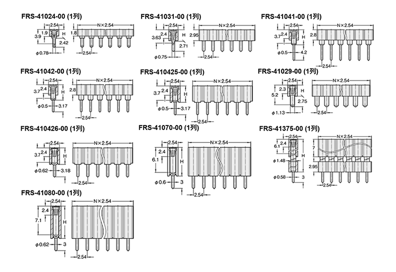 PCT製品 ピンヘッダーFRS-41(T〇) ソケット(丸)2.54mmピッチ ストレート(1列) 接続側φ0.47mmピン/φ0.76mmピン 製品図面