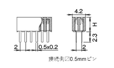 ナイロン ピンヘッダー FSS-22043(T〇) ソケット(角)2.00mmピッチ ストレート(2列) 接続側0.5mmピン 製品図面