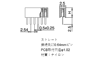 ナイロン ピンヘッダー FSS-41035(T〇) ソケット(角)2.54mmピッチ ストレート(1列) 接続側0.64mmピン 製品図面