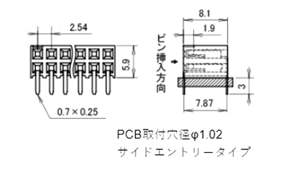 ナイロン/PBT製品 ピンヘッダー/FSS-42059(T〇) ソケット(角ピン)2.54㎜ピッチ ストレート(2列) 製品図面