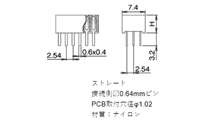 ナイロン ピンヘッダー FSS-43085(T〇) ソケット(角)2.54mmピッチ ストレート(3列) 接続側0.64mmピン 製品図面