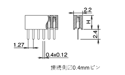 ナイロン ピンヘッダー FSS-71034(T〇) ソケット(角)1.27mmピッチ ストレート(1列) 接続側0.4mmピン 製品図面