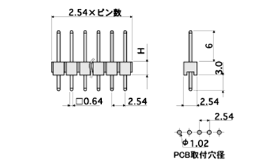 回路切替端子 / JTS(T〇) ピン(角ピン)2.54mmピッチ ストレート(1列) 製品図面