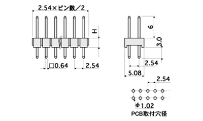 回路切替端子 / JTW(T〇) ピン(角ピン)2.54mmピッチ ストレート(2列) 製品図面