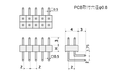 基板垂直取付端子(固定L型) / MLW(T〇) ピン(角ピン)2.00mmピッチ ライトアングル(2列) 製品図面