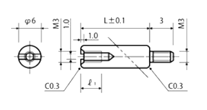 黄銅(カドミレス) 丸型スペーサー(短間段重ね用)スリ割付(オス+メスねじ) MRB-0000-00SE 製品図面