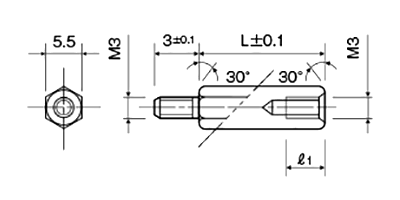 アルミ(鉛レス) 六角スペーサー(短間段重ね用)(オス・メスねじ) MSL-3E (オネジ長3mm)(酸洗) 製品図面