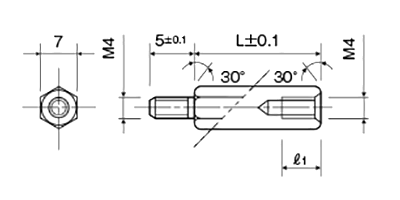 アルミ(鉛レス) 六角スペーサー(短間段重ね用)(オス・メスねじ) MSL-5E (オネジ長5mm)(酸洗) 製品図面