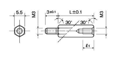 アルミ(鉛レス) 六角スペーサー(短間段重ね用)(オス・メスねじ) MSL-3BE (オネジ長3mm)(黒アルマイト) 製品図面