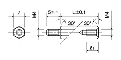 アルミ(鉛レス) 六角スペーサー(短間段重ね用)(オス・メスねじ) MSL-5BE (オネジ長5mm)(黒アルマイト) 製品図面