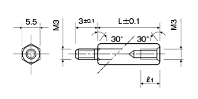 アルミ(鉛レス) 六角スペーサー(短間段重ね用)(オス・メスねじ) MSL-3KE (オネジ長3mm)(カニゼンメッキ) 製品図面