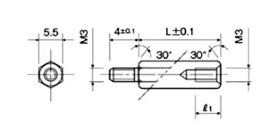 アルミ(鉛レス) 六角スペーサー(短間段重ね用)(オス・メスねじ) MSL-4KE (オネジ長4mm)(カニゼンメッキ) 製品図面