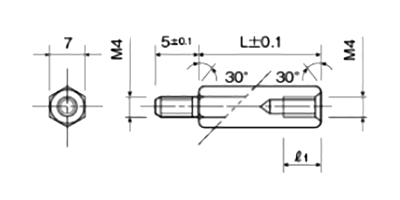 アルミ(鉛レス) 六角スペーサー(短間段重ね用)(オス・メスねじ) MSL-5KE (オネジ長5mm)(カニゼンメッキ) 製品図面