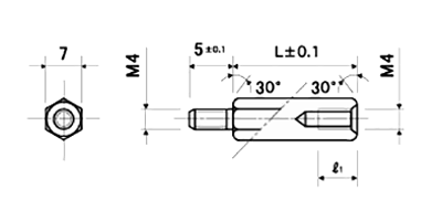 ステンレスSUS303 六角スペーサー (短間段重ね用)(オス・メスねじ) MSU-05 (オネジ長5mm)(脱脂) 製品図面