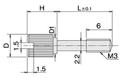 黄銅 ローレットツマミビス(スリ割 段付 胴細) / NB-EF (頭部 D6xH12)(ニッケルメッキ) 製品図面