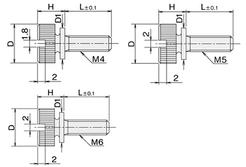黄銅 ローレットツマミビス(スリ割 ツバ付) / NB-VB (頭部 D12xH9)(ニッケルメッキ) 製品図面
