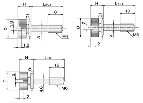 黄銅 ローレットツマミビス(スリ割 ツバ付 胴細) / NB-VE (頭部 D12xH9)(ニッケルメッキ) 製品図面