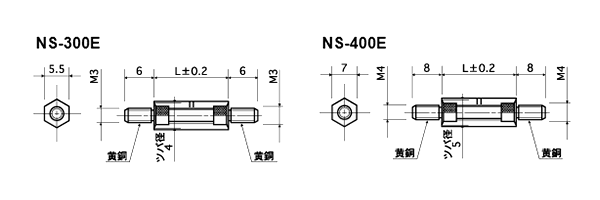 ジュラコン(POM)(乳白色) 六角スペーサー(両オスねじ・絶縁型) NS-E (RoHS2対応) 製品図面