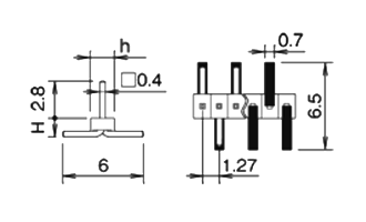 ナイロン製品 ピンヘッダー / PSM-71(T〇) ピン(角ピン)1.27mmピッチ SMT(1列) 段重ね固定型 製品図面