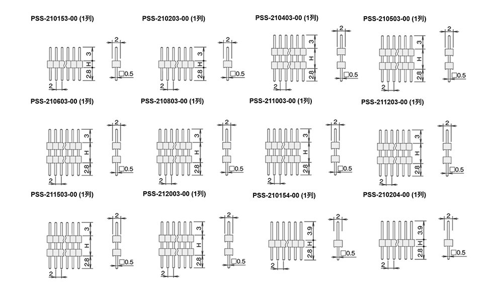 ナイロン製品 ピンヘッダー / PSS-21(T〇) ピン(角ピン)2.00mmピッチ ストレート(1列) 製品図面