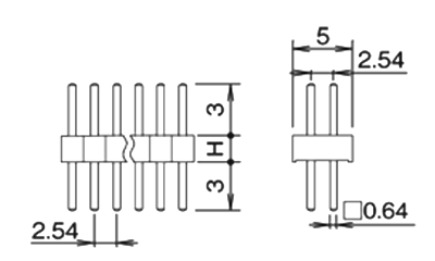 PBT製品 ピンヘッダー / PSS-42(T〇) ピン(角ピン)2.54mmピッチ ストレート(2列) 段重ね固定型/回路切替型 製品図面