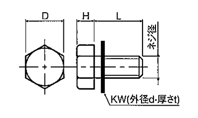PVDF (樹脂製) 六角セムスボルト (PTFE座金付) PVBT-0000-T (白色不透明) 製品図面