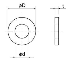 ステンレスSUS304 丸型平座金 (丸ワッシャー/フルサイズ)(UUW-BH)(黒色焼付け処理)(内径x外径-厚) 製品図面