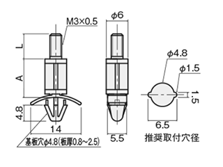 ナイロン66 ワンタッチスペーサー(片側オネジ 基板ソリ防止用)(WBN)(半透明) 製品図面